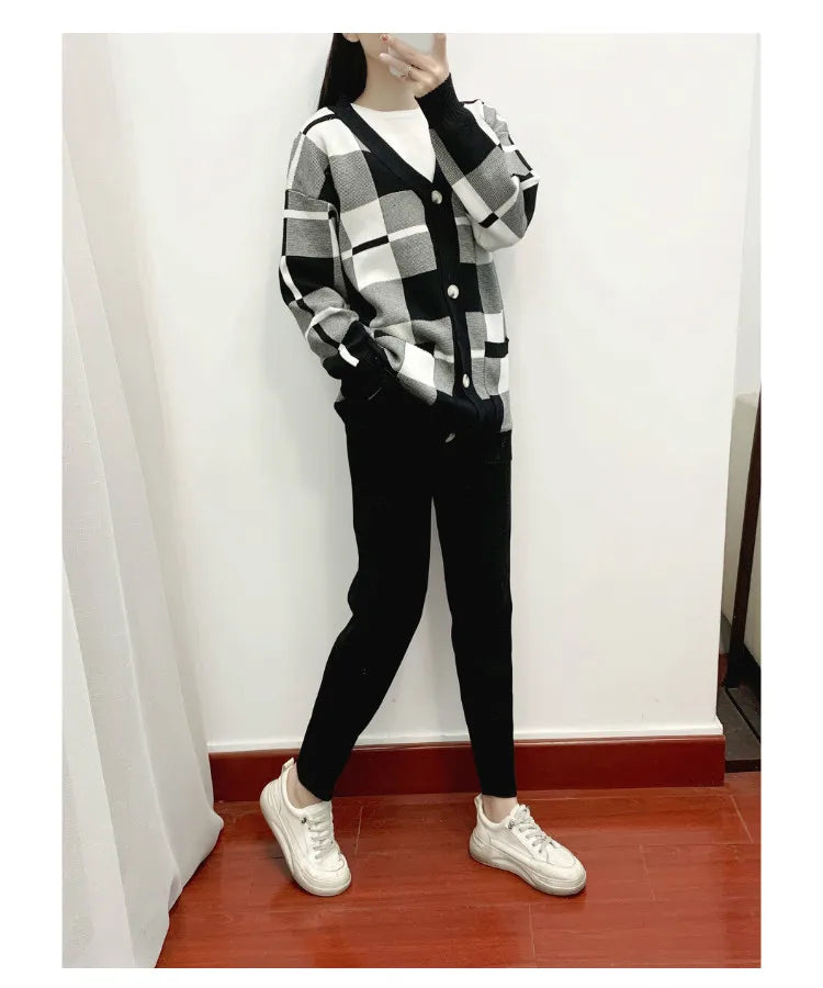Autumn Winter Women's Plaid Knit Cardigan Tracksuit Set with Short Sleeve Top and Solid Harem Pants 3 Piece Cozy Sweater Coat Ensemble