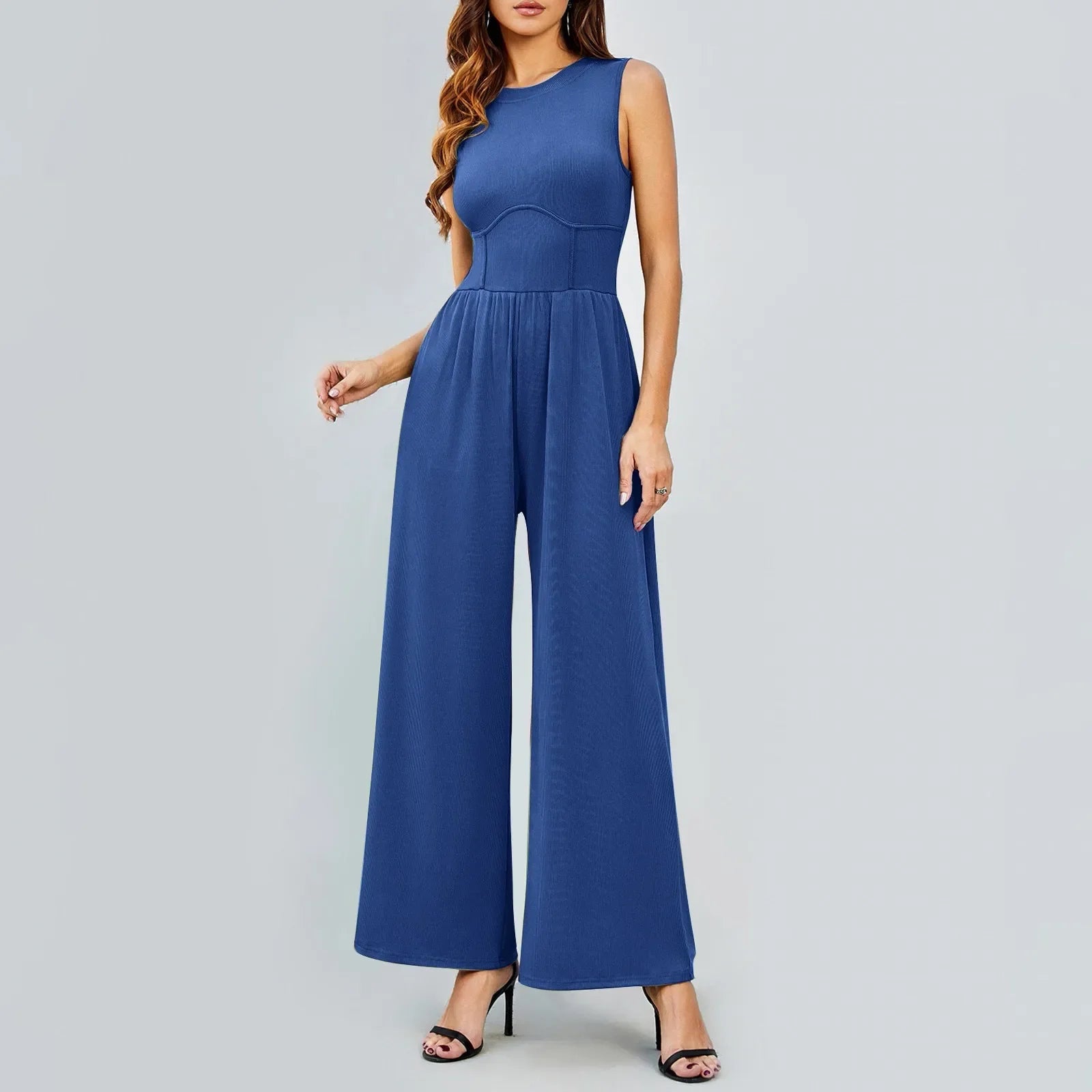 Women Sleeveless High Neck Ribbed Tank Top Jumpsuit Wide Leg Pants Romper with Tummy Control and High Waist Casual Summer Outfit