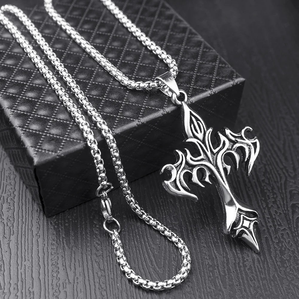 Hip Hop Cross Pendant Necklace Stainless Steel Gothic Jewelry Gift for Men and Women