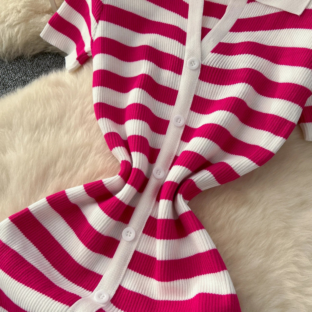 Women Striped Knitted Bodycon Maxi Dress for Summer