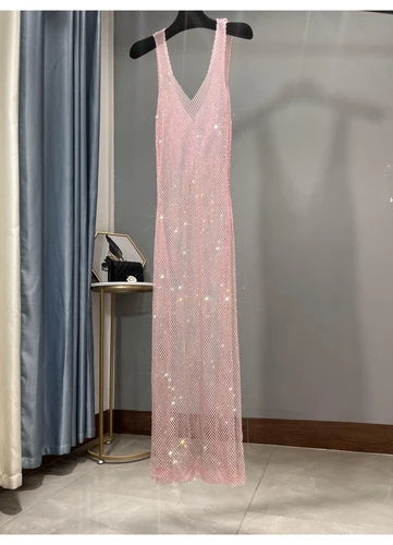 Rhinestone Party Dress Deep V Neck Mesh Club Wear For Women