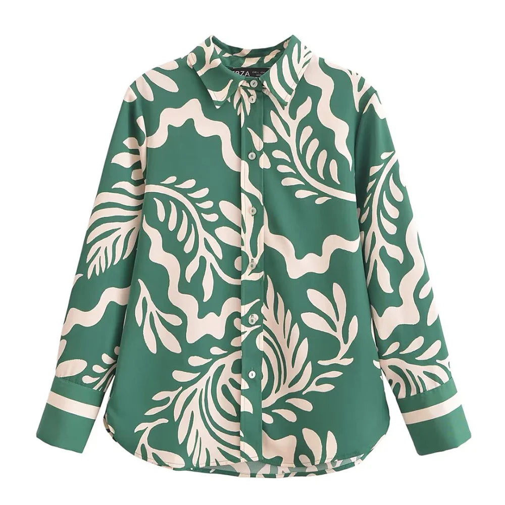 Casual Fashion Printed Collar Long Sleeve Shirt and Drawstring Pants Set for Women