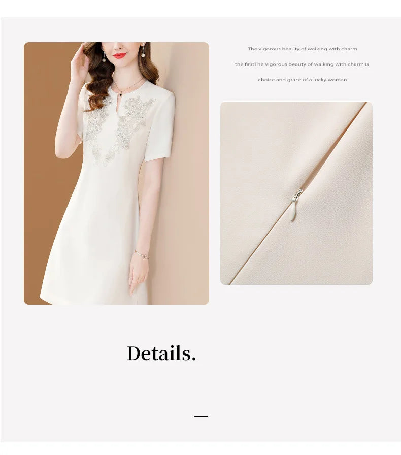 White Floral Embroidery A-Line Dress Short Sleeve Chic