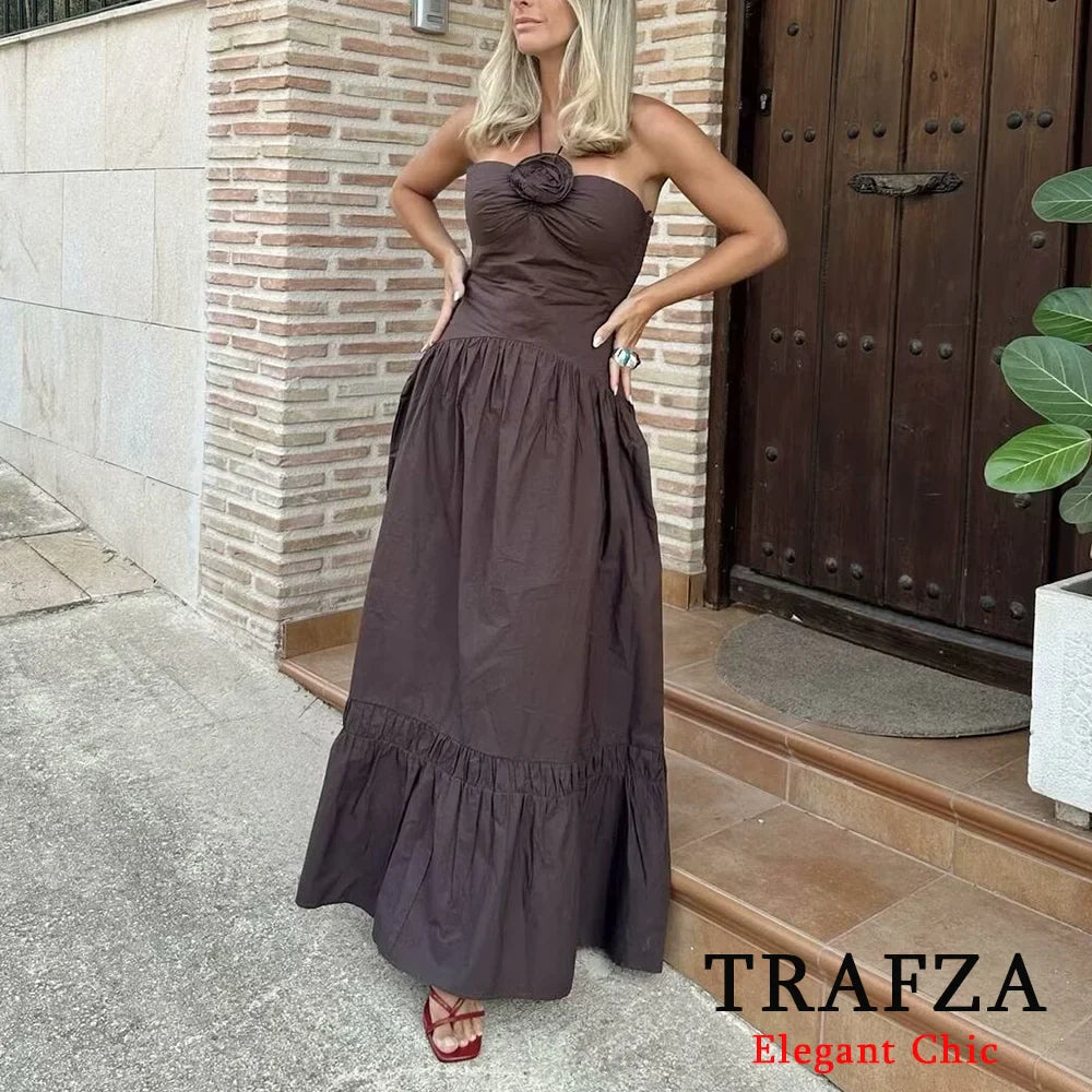 Brown Backless Halter Dress With Floral Embellishment