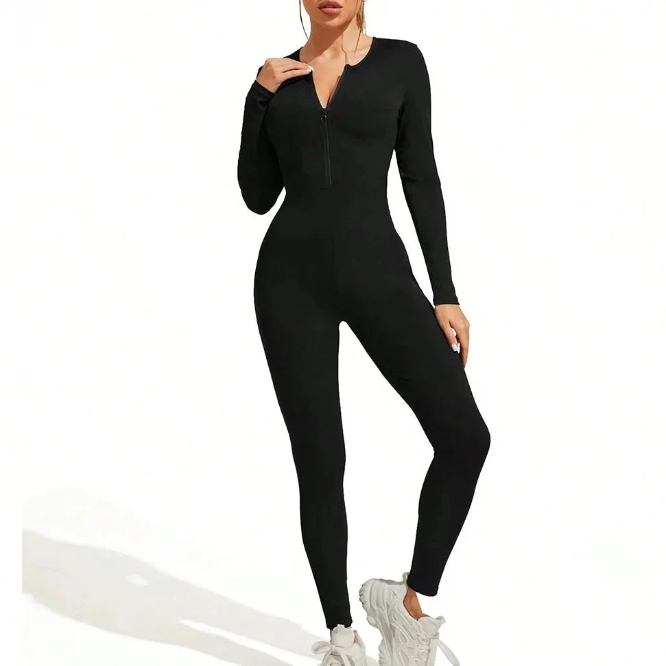Sexy Ribbed Long Sleeve Zipper Bodysuit for Women Solid Color Bodycon Sporty Romper Jumpsuit