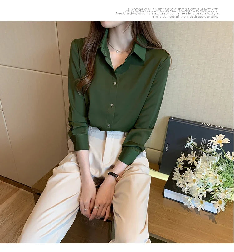 Elegant Satin Long Sleeve Blouse for Women Casual Office Shirt Solid White Basic Top