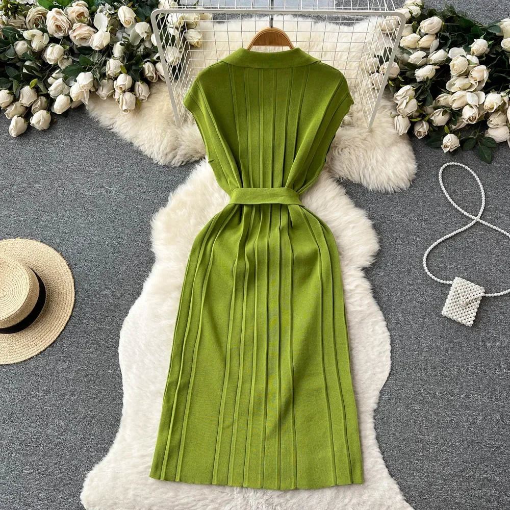 Solid Pleated Knitted Dress For Women Loose Fit Maxi