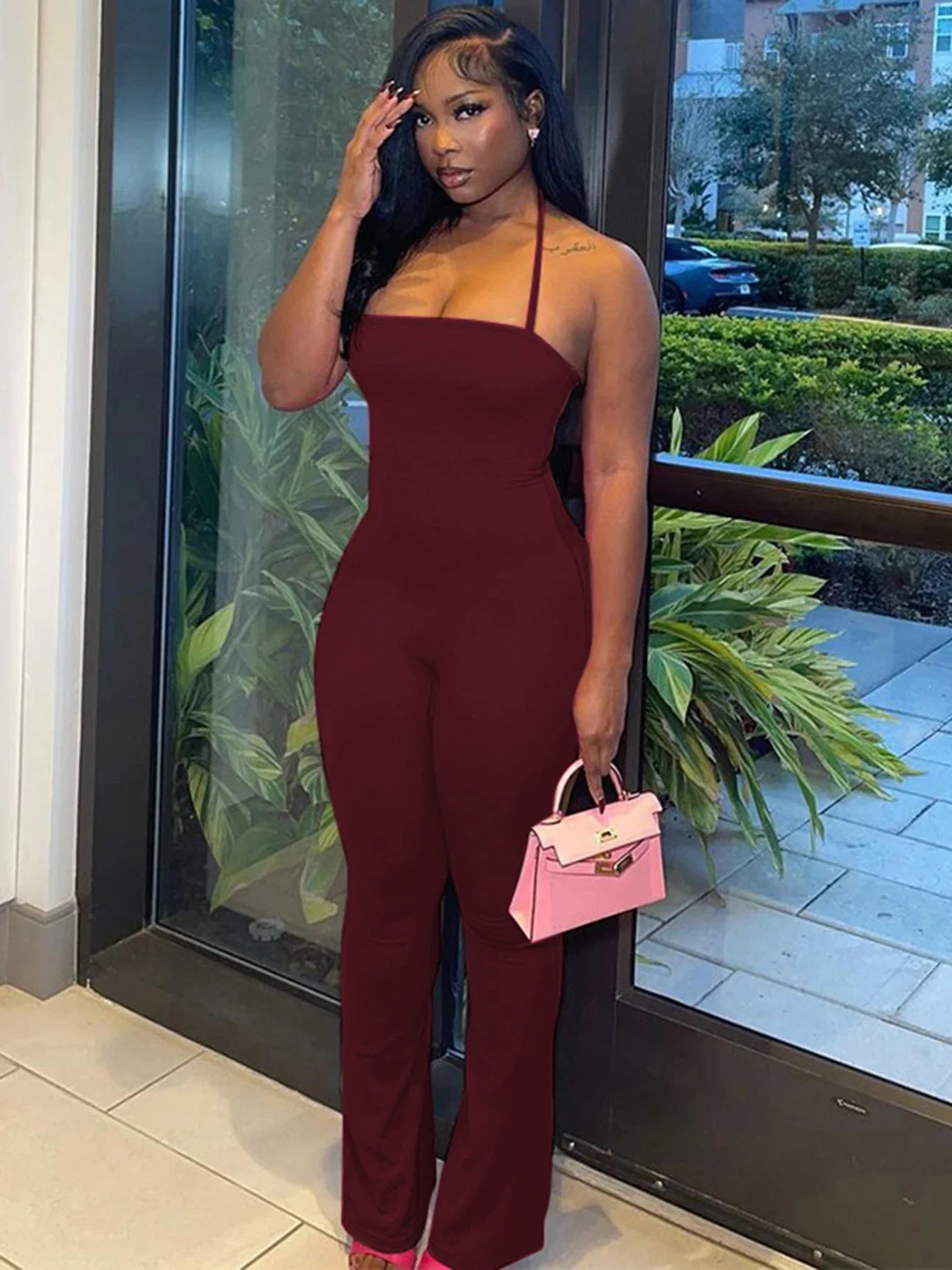 Sleeveless Halter Backless Bodycon Jumpsuit with Flare Pants Casual Rompers for Women Streetwear Festival Outfit