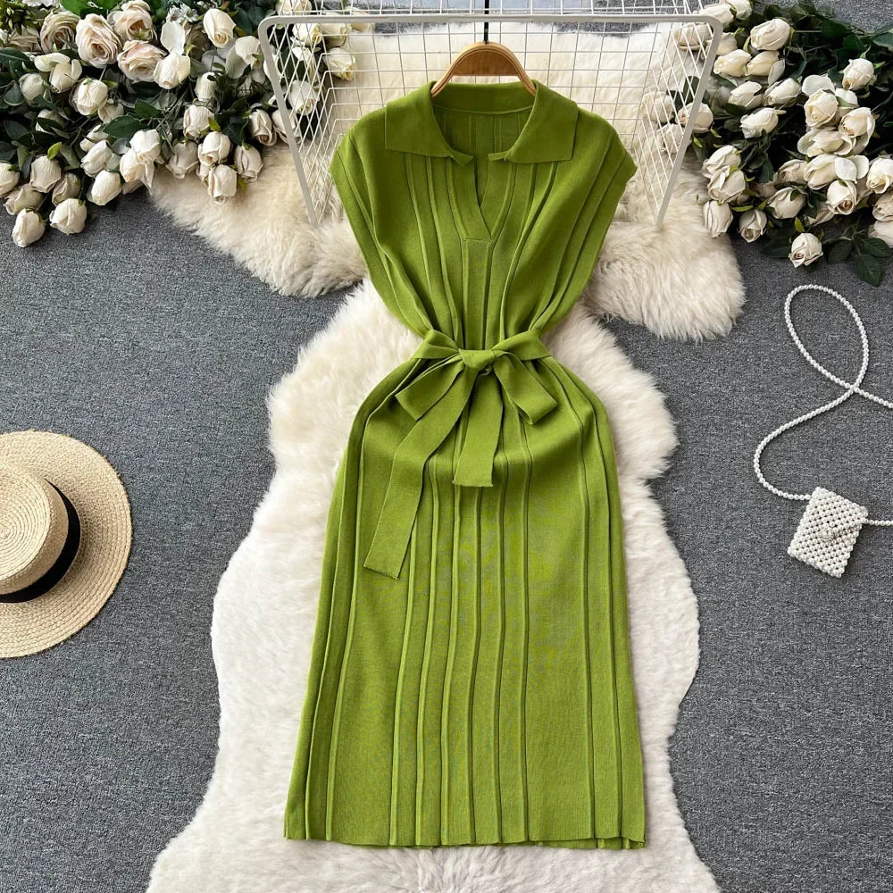Solid Pleated Knitted Dress For Women Loose Fit Maxi
