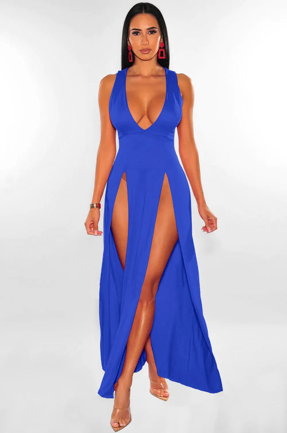 Backless V Neck Sleeveless Maxi Dress With Slit For Party
