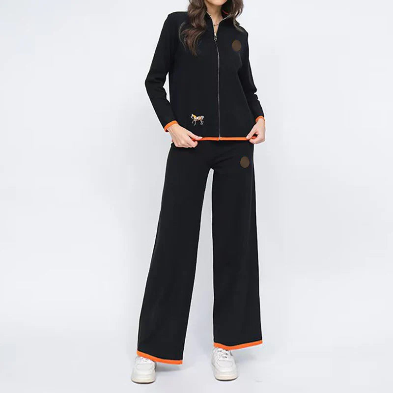 Autumn Embroidered Women Two-Piece Knit Set with Stand Collar Long Sleeve Cardigan and High Waist Straight Leg Pants