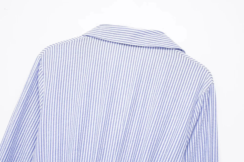 Blue Striped Shirt Dress With Belt Long Sleeve Midi