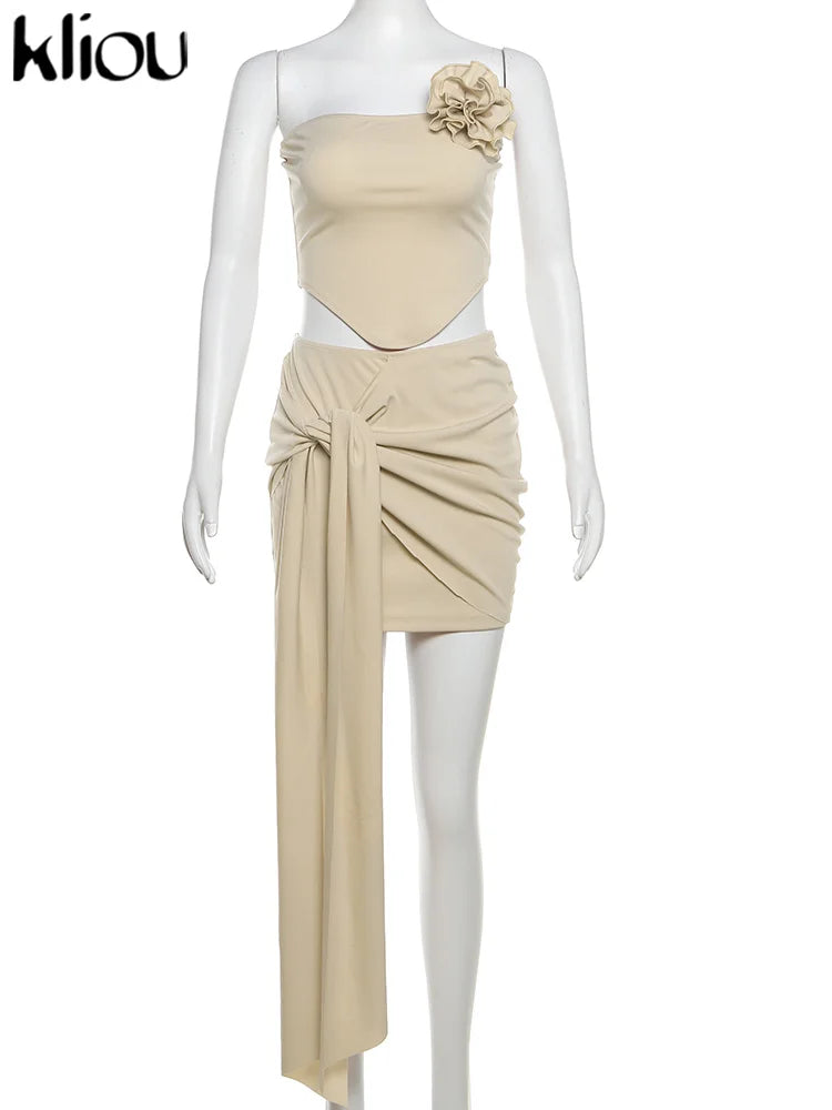 3D Floral Patchwork Two Piece Set for Women Slim Strapless Irregular Shape Top with Bandage Hip Skirt Stylish Holiday Outfit