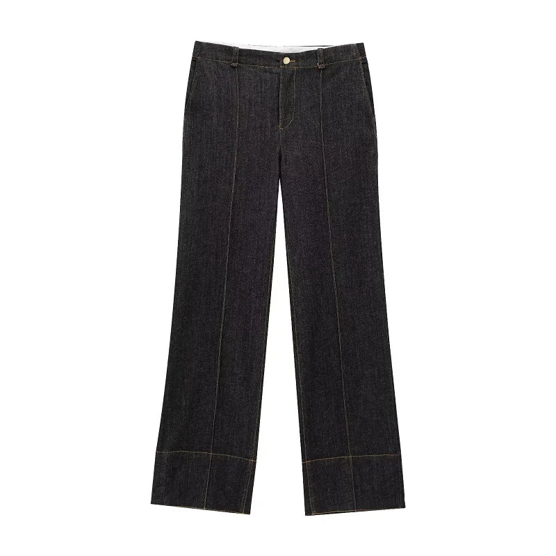 Denim Two Piece Women's Outfit with Button Up Shirt and High Waist Trousers Set