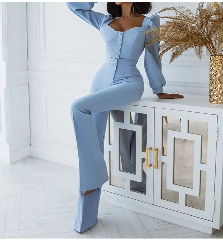 Solid Color Casual Two Piece Set with V-neck Button Lantern Sleeve Top and High Waist Flare Pants for Women