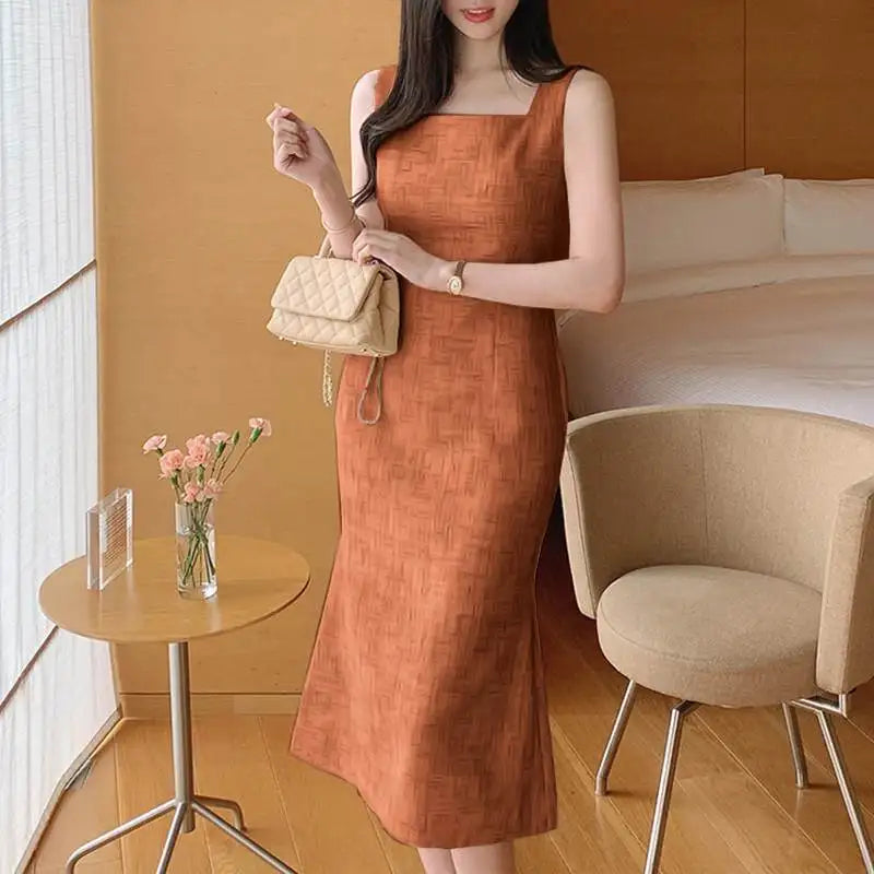 Elegant Sleeveless Square Neck Mermaid Midi Dress for Women