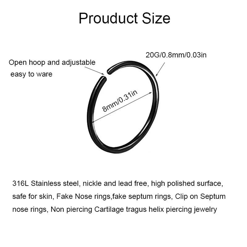 20G Thin Fake Septum Nose Ring Set, Septum Hoops and Labret Lip Rings for Cartilage, Tragus and Helix Earrings