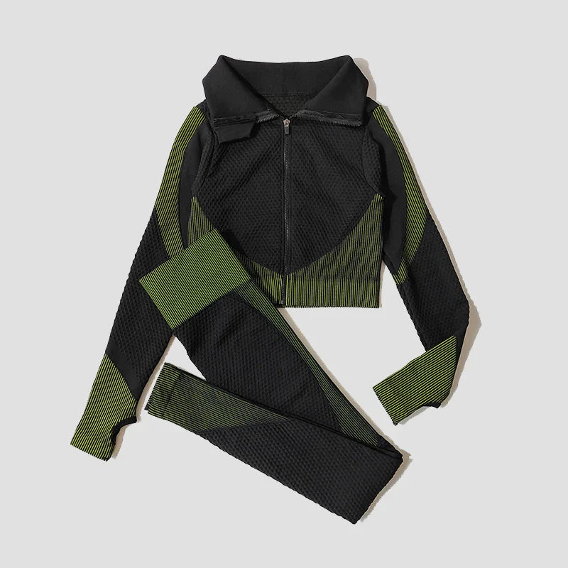 Seamless Women Yoga Suit with High Waist Leggings and Long Sleeve Crop Top Fitness Set