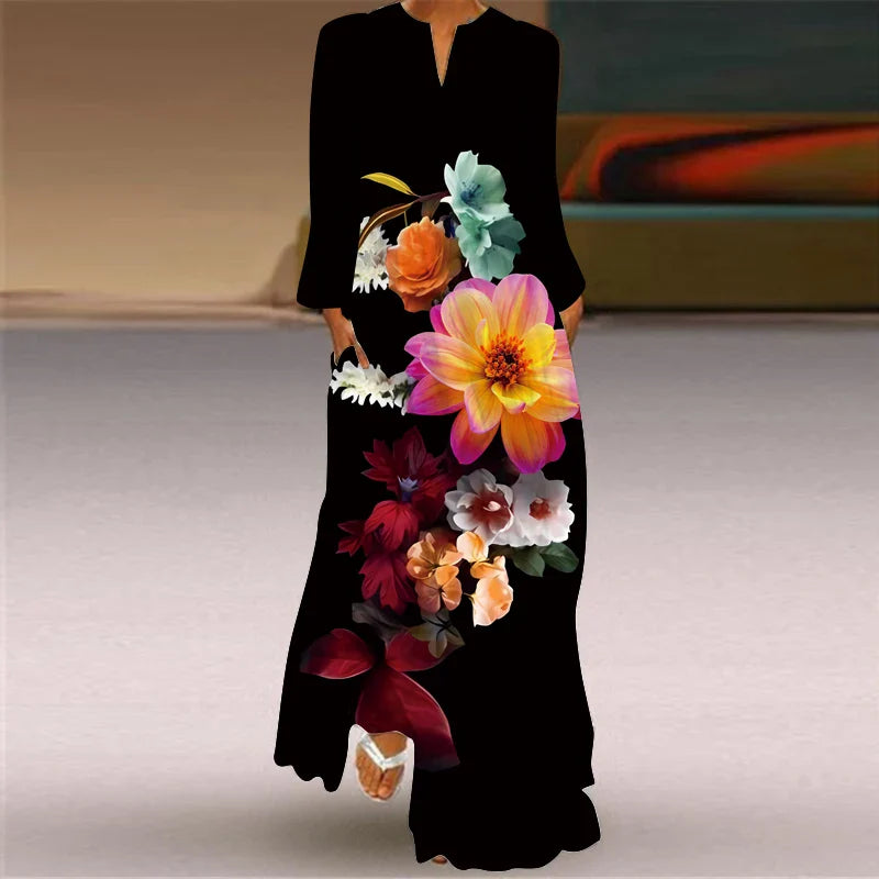 V Neck Long Sleeve Printed Dress With Pocket For Women