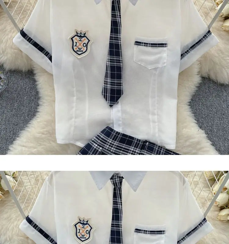 Sexy Preppy Style JK Set for Women Polo Neck See-Through Crop Top Plaid Pleated Short Skirt Student Cosplay Outfit