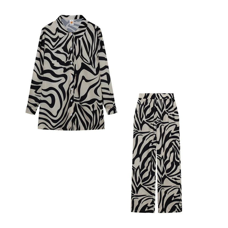 Trendy Print Off Shoulder Shirt and Trouser Set with Long Sleeve Design