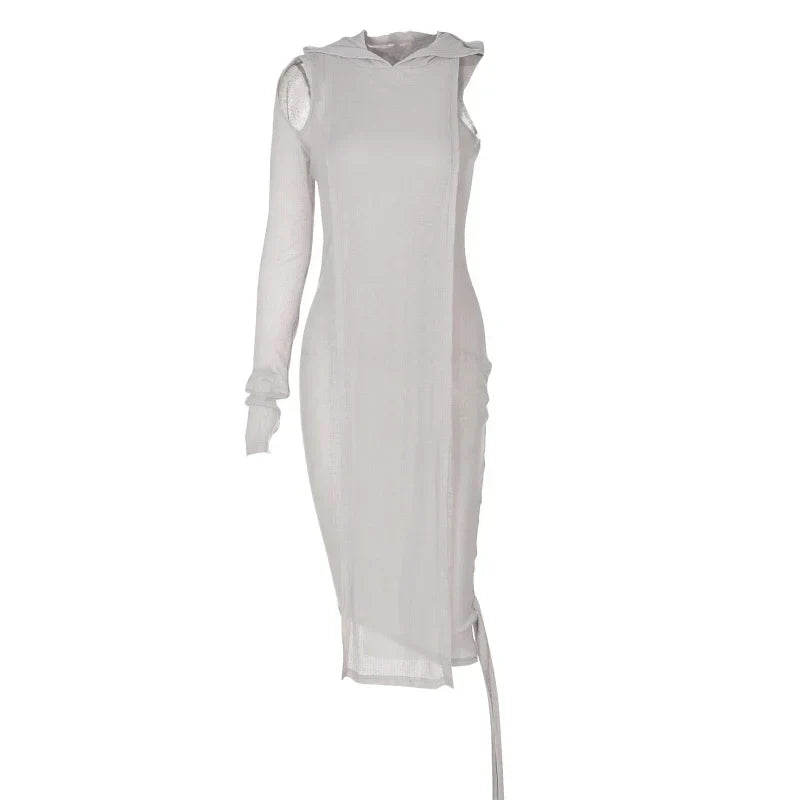 One Sleeve Knit Midi Dress Hooded Ribbed Clubwear Chic