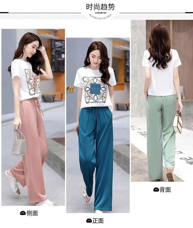 Women's Plus Size Two Piece Suit Set with Short Sleeve Tops and Wide Leg Pants for Casual Summer Fashion