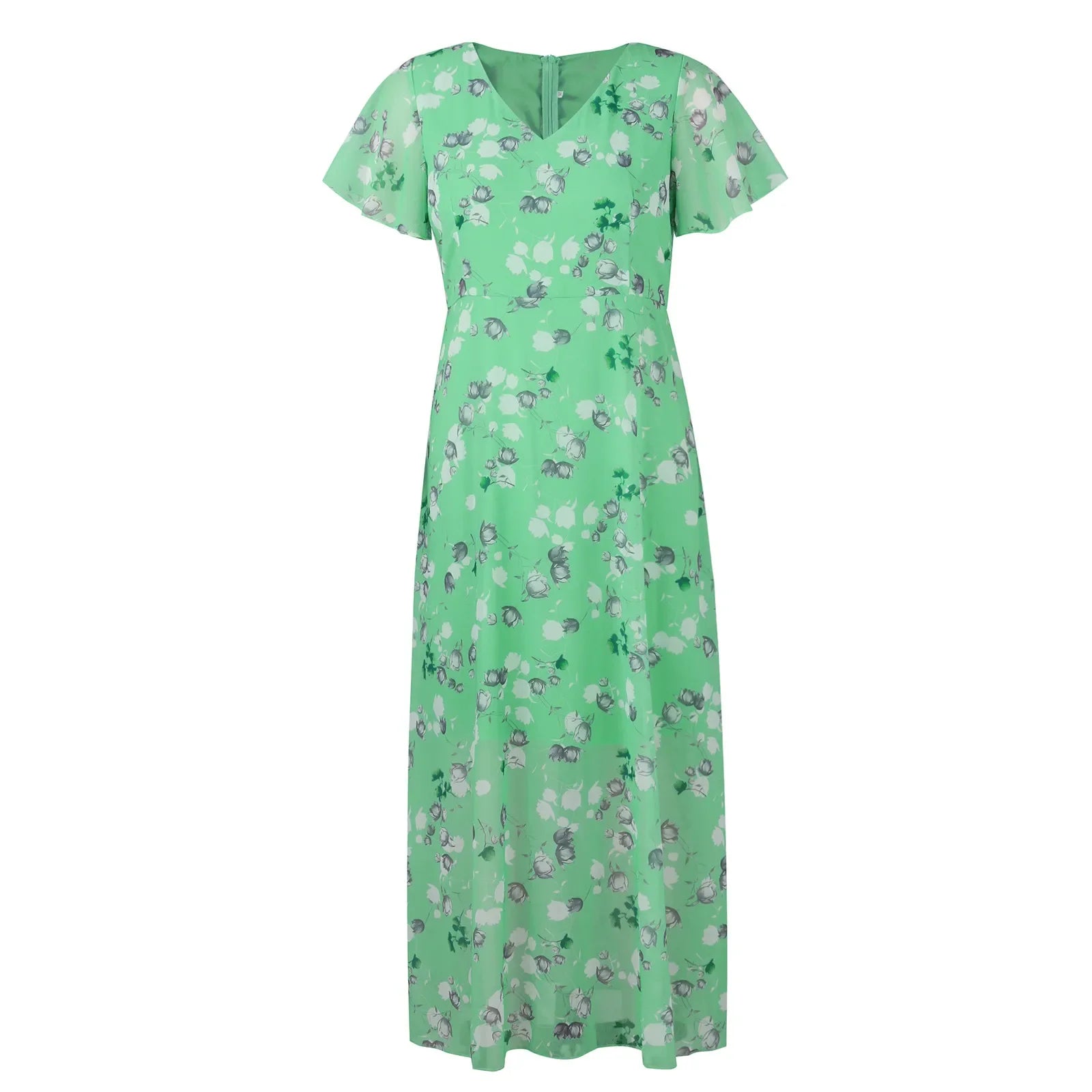 Women's Floral Chiffon Swing Dress with V Neck Short Sleeve