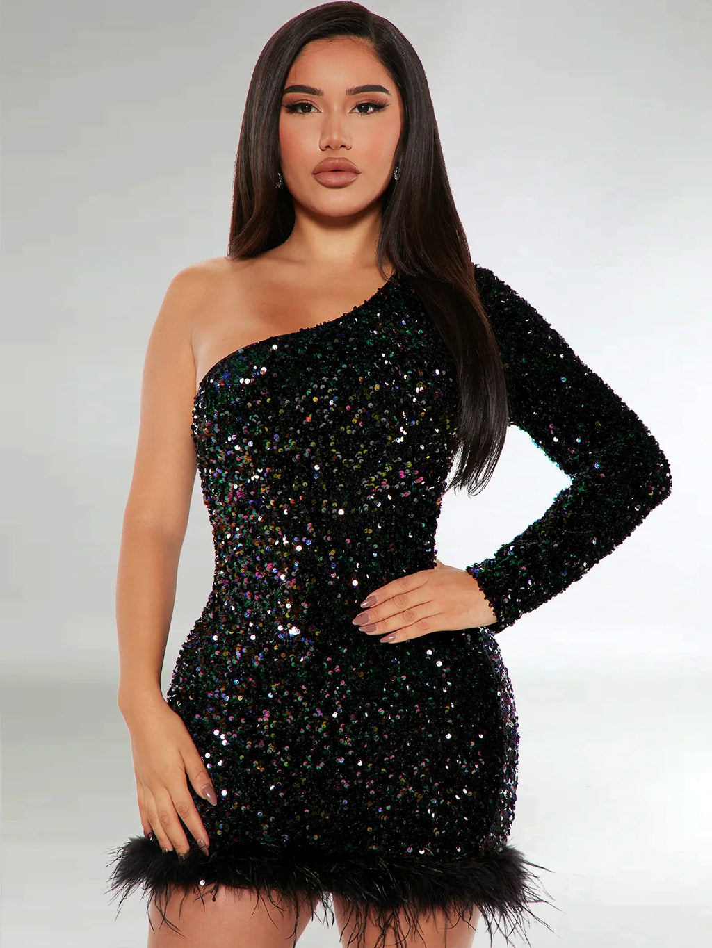 Elegant Off Shoulder Sequin Party Dress Long Sleeve