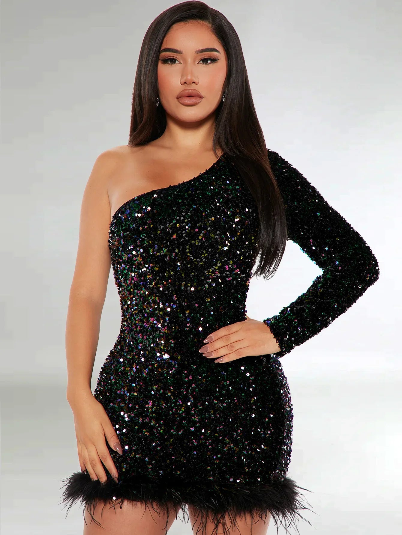 Elegant Off Shoulder Sequin Party Dress Long Sleeve