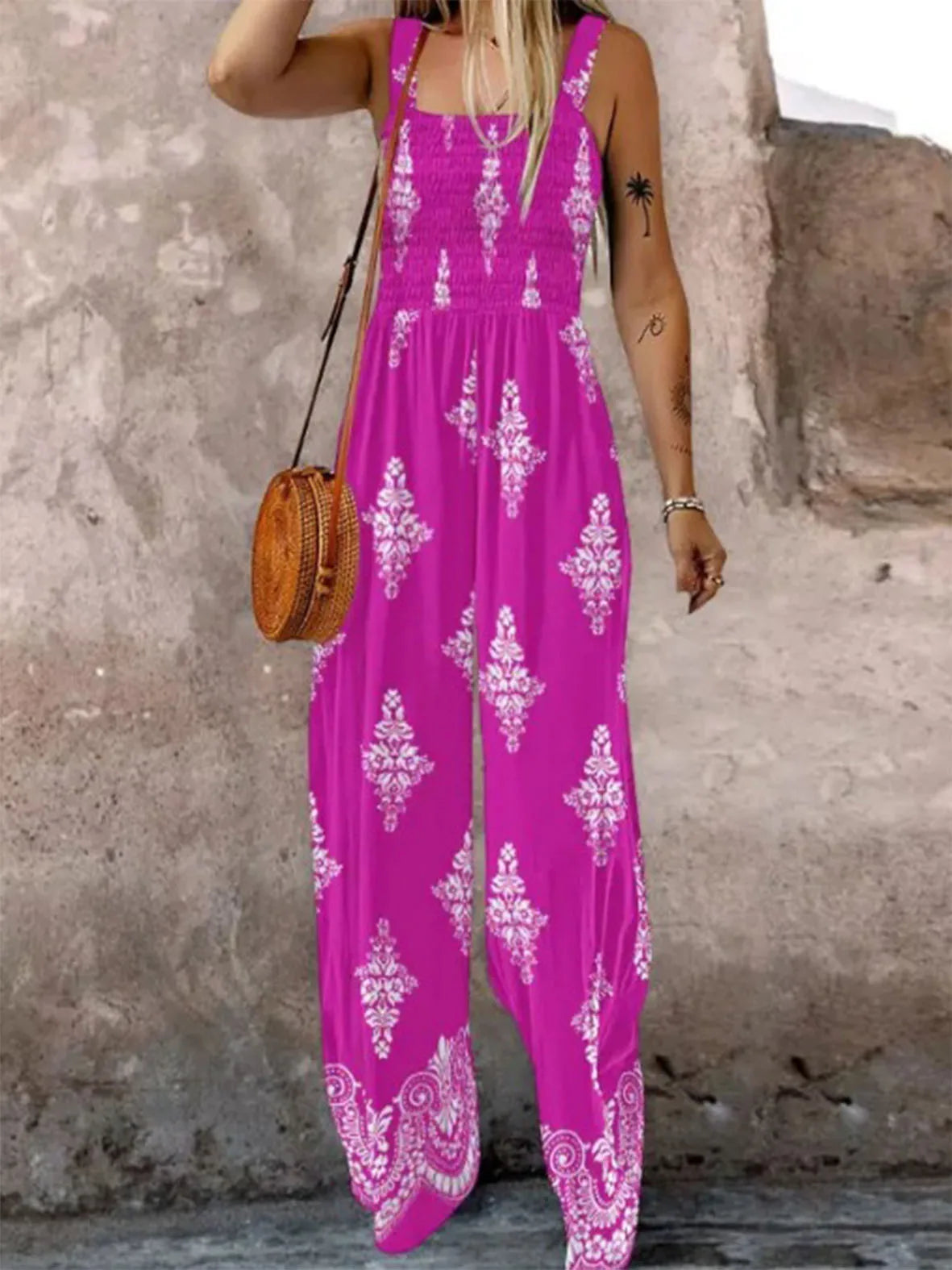 Woven Printed Wide Leg Jumpsuit for Women with Adjustable Straps and Functional Pockets Lightweight Commuter Spring and Summer Outfit