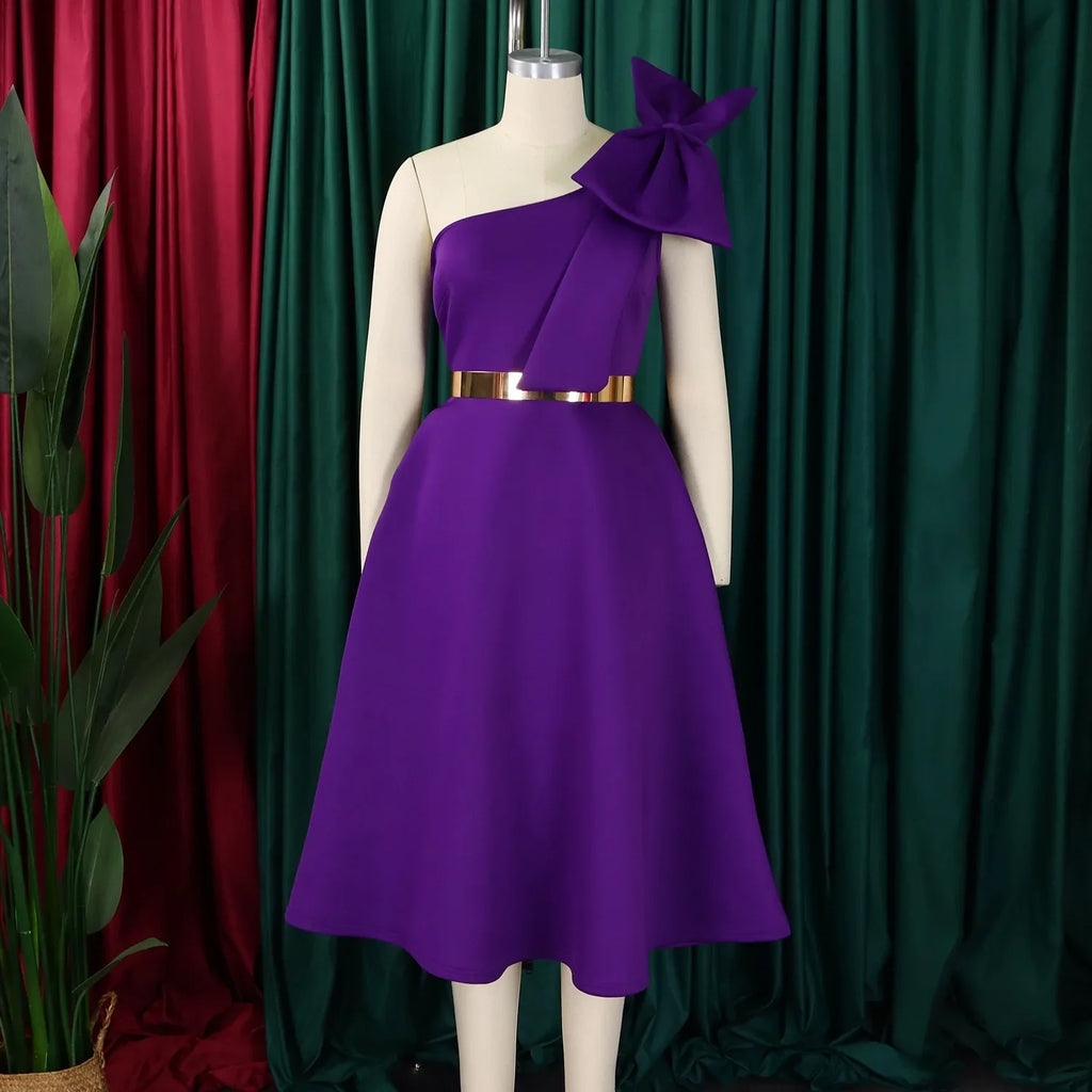 One Shoulder Bow Dress A Line Pleated Mid Calf Party Dress