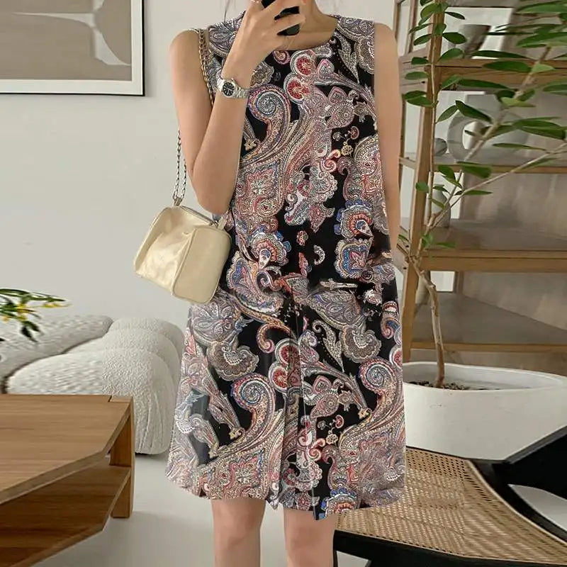 Boho Print Pleated Sleeveless Mini Dress For Summer