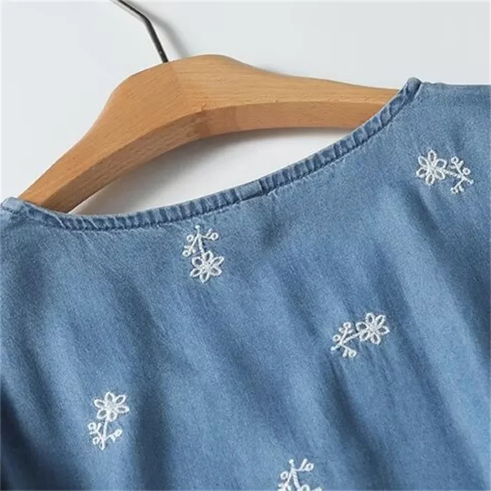 Womens V Neck Embroidered Dress Casual Elegant Short Sleeve