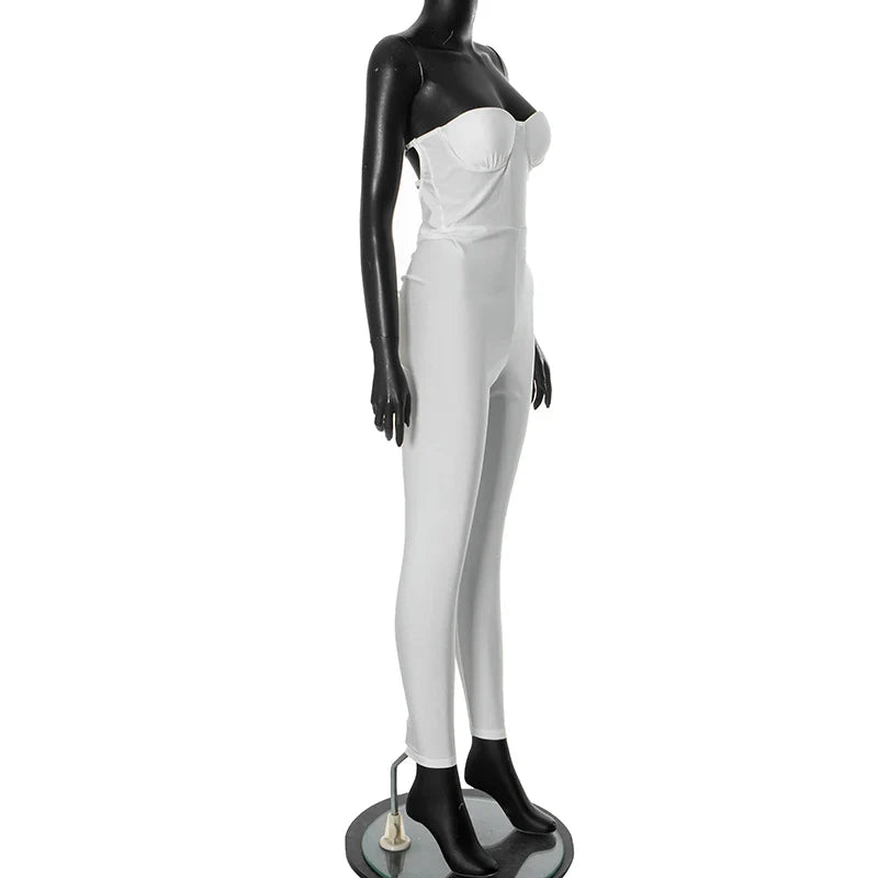 Elegant Women's Strapless Slim Fit Backless Sleeveless Pencil Jumpsuit Solid Color Evening Wear