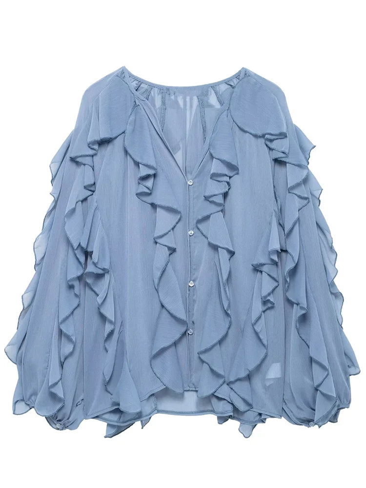 Women's Burgundy Ruffle Layer Casual Blouse Long Sleeve Loose Fit Button-Front Shirt High Street Fashion Top