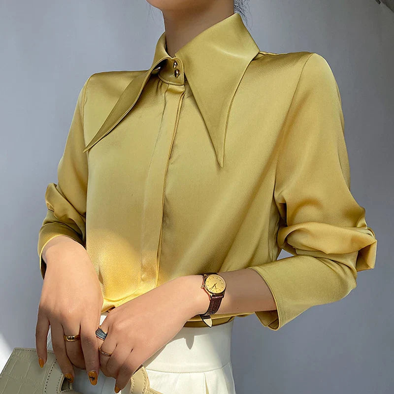 Elegant Turn Down Collar Satin Silk Blouse Vintage Button Closure White Lantern Sleeve Office Lady Shirt Chic Feminine Top