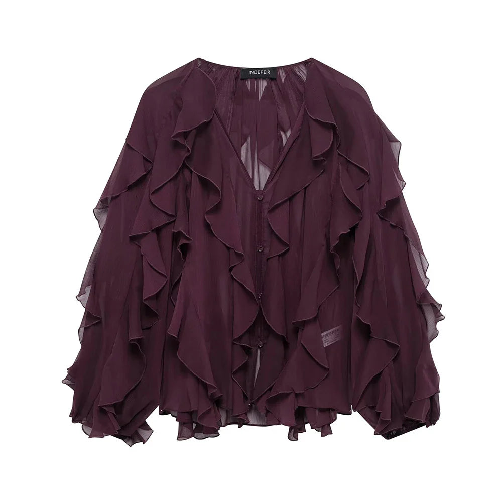 Loose Fit Burgundy Mesh Ruffle Shirt with Flutter Sleeves and Stacked Decorative Design for Women
