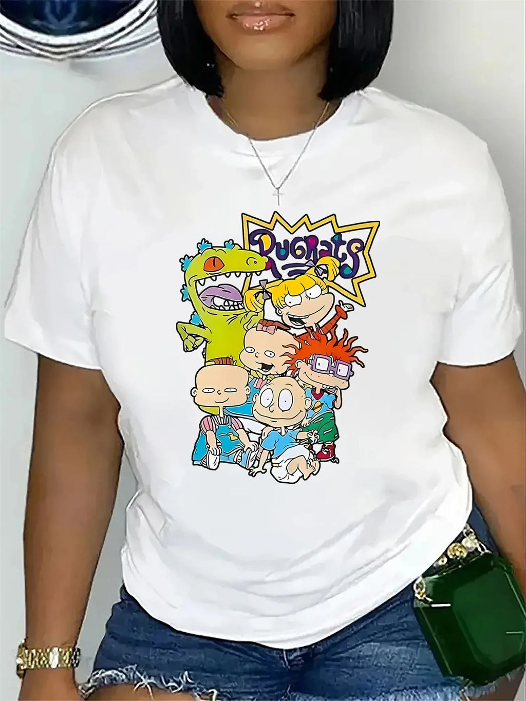 Women's Casual Cartoon Graphic Top Featuring Rugrats Characters in Comfortable Polyester Blend with Spandex