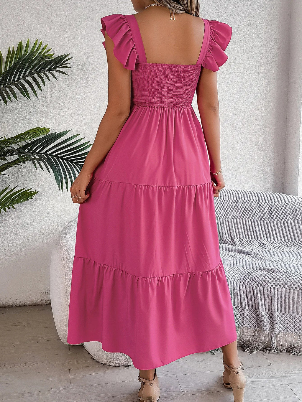 Square Neck Maxi Dress for Women Solid Summer Color