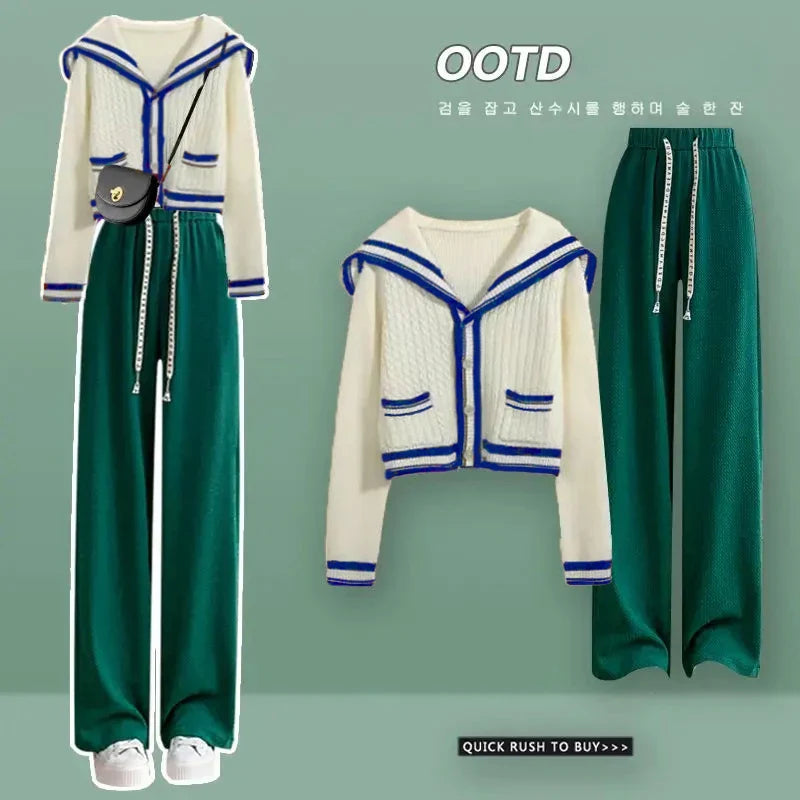 Preppy Style Knitted Two Piece Set with Sailor Collar Sweater and Elastic Pants for Women's Korean Sportswear