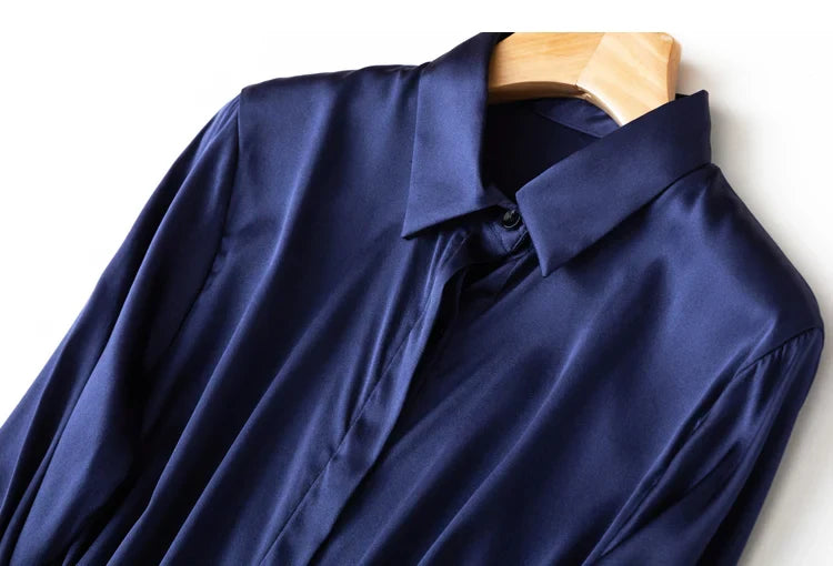 Women Satin Silk Shirt 93% Mulberry Silk 7% Spandex 19 Momme Classic Long Sleeve Blouse Solid Color Office Top for Women M L XL XXL