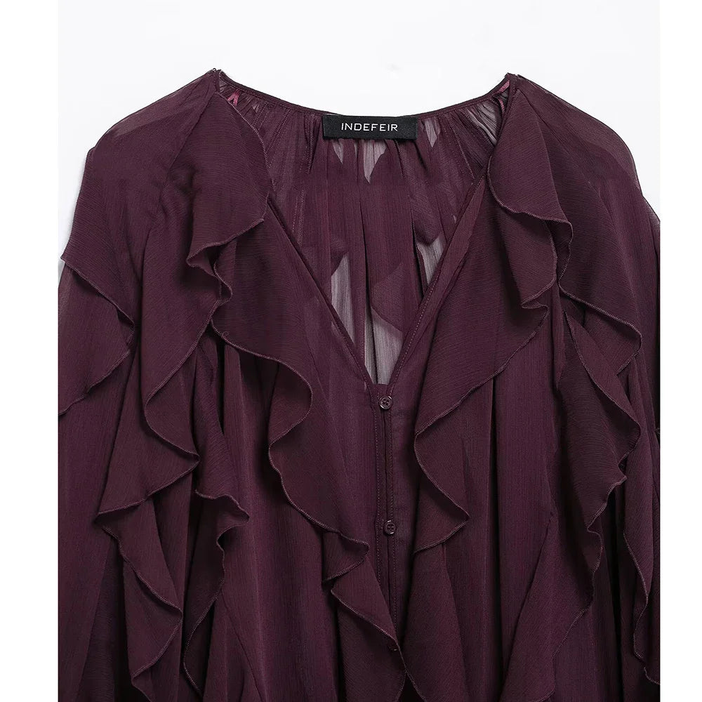 Loose Fit Burgundy Mesh Ruffle Shirt with Flutter Sleeves and Stacked Decorative Design for Women