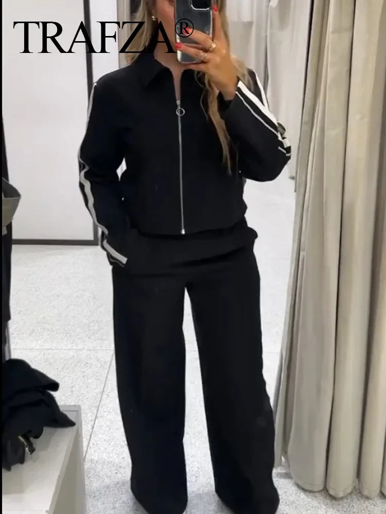 Women Casual Sports Suit with Side Stripe Long Sleeve Zipper Jacket and Wide Leg Pants