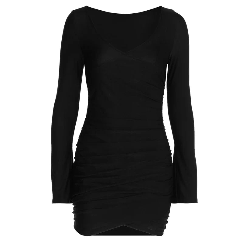 Black Ruched Bodycon Dress V Neck Long Flare Sleeve