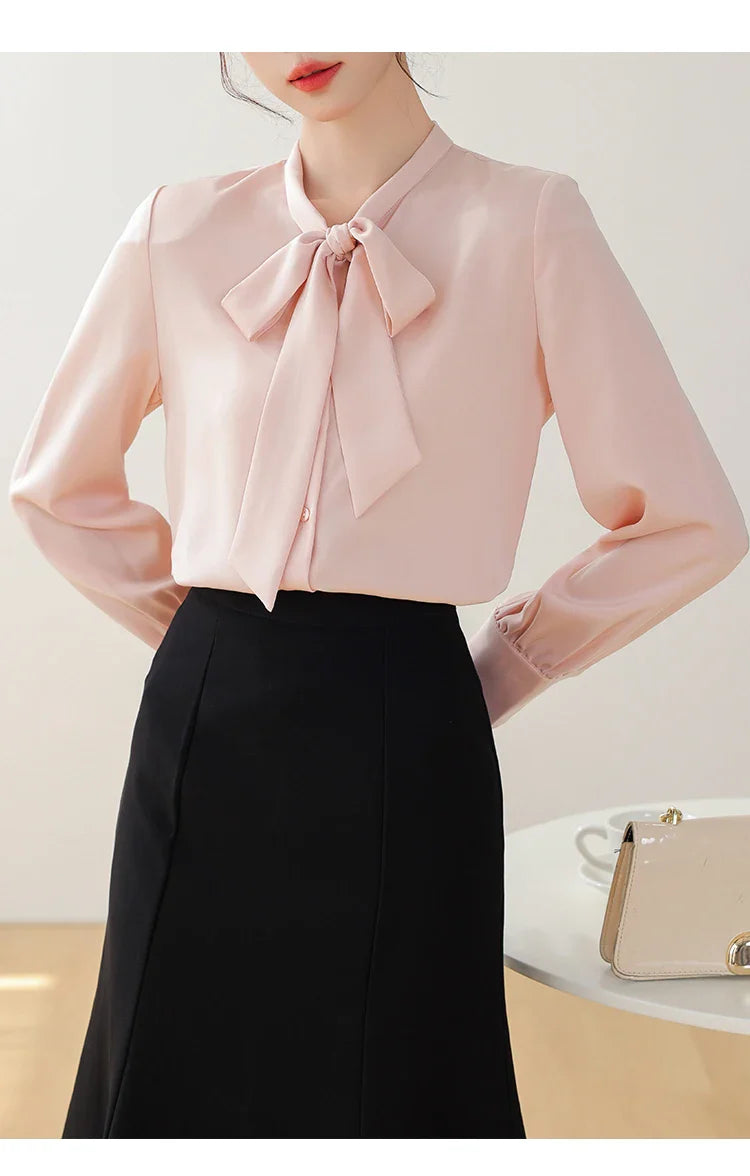 Elegant Women's Long Sleeve Blouse with Bow Collar Casual Loose Fit White Office Shirt Top