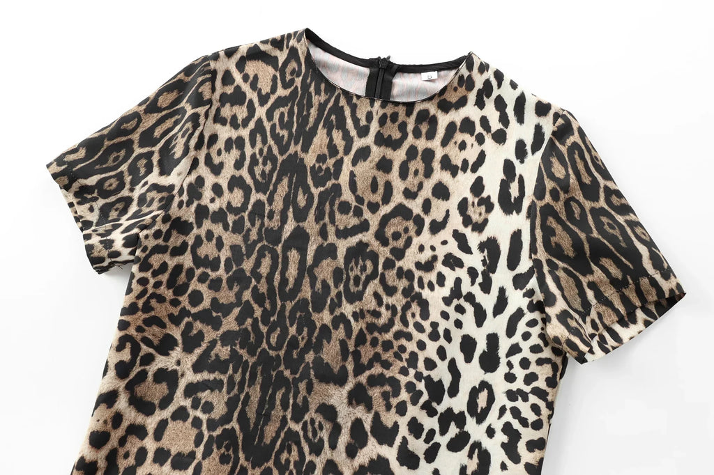 Leopard Print Midi Dress For Women Shirt Style Short Sleeve
