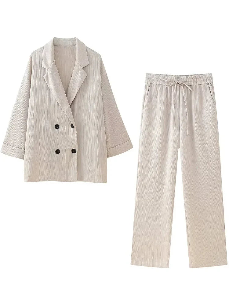 Chic Women's Two Piece Set with Solid Double Breasted Blazer and Vintage Elastic Waist Trousers for Effortless Style
