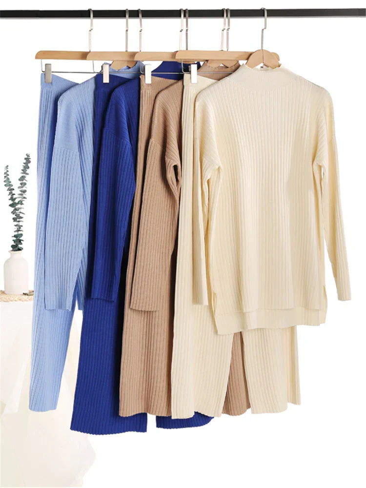 Cozy Knitted Two-Piece Women's Tracksuit Set Featuring Half Turtleneck Sweater and Wide Leg Jogger Pants for Autumn and Winter