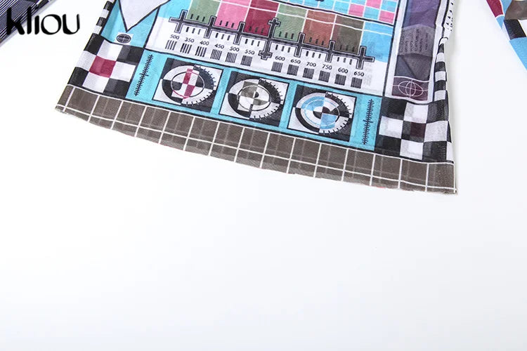 Aesthetic Print Women 2 Piece Set Vintage Hipster Autumn O-neck Full Sleeve Tops and High Waist Pants Clubwear